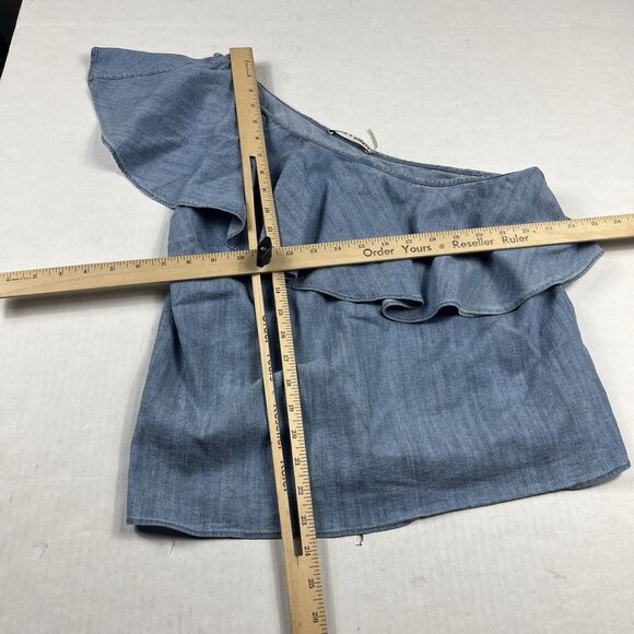 Alice + Olivia One Shoulder Chambray Top Linen Blend Ruffled Blue Shirt Large - Picture 4 of 9